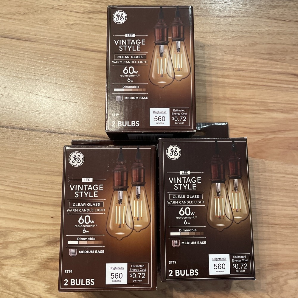 Lot Of 3 General Electric 2pk 6W (60W) LED Light Bulbs Clear Glass Warm Candle